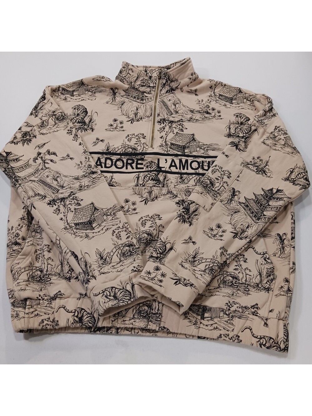 Ellandemm J'Adore L'Amour Tiger Toile 1/4 Zip Tan Pullover Sweatshirt Womens M/L